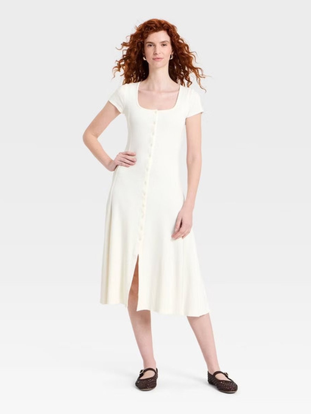 Universal Thread Ribbed Button Front Cream Midi Knit Dress XS NWT